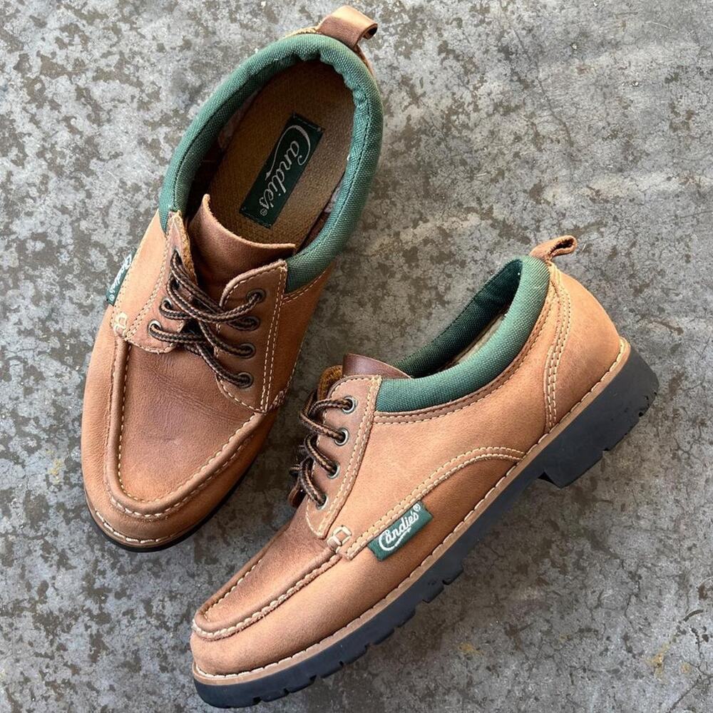 Vintage 90s Candie's Chunky Lug Sole Oxfords Tan Leather Green Womens 9 Tyrolean